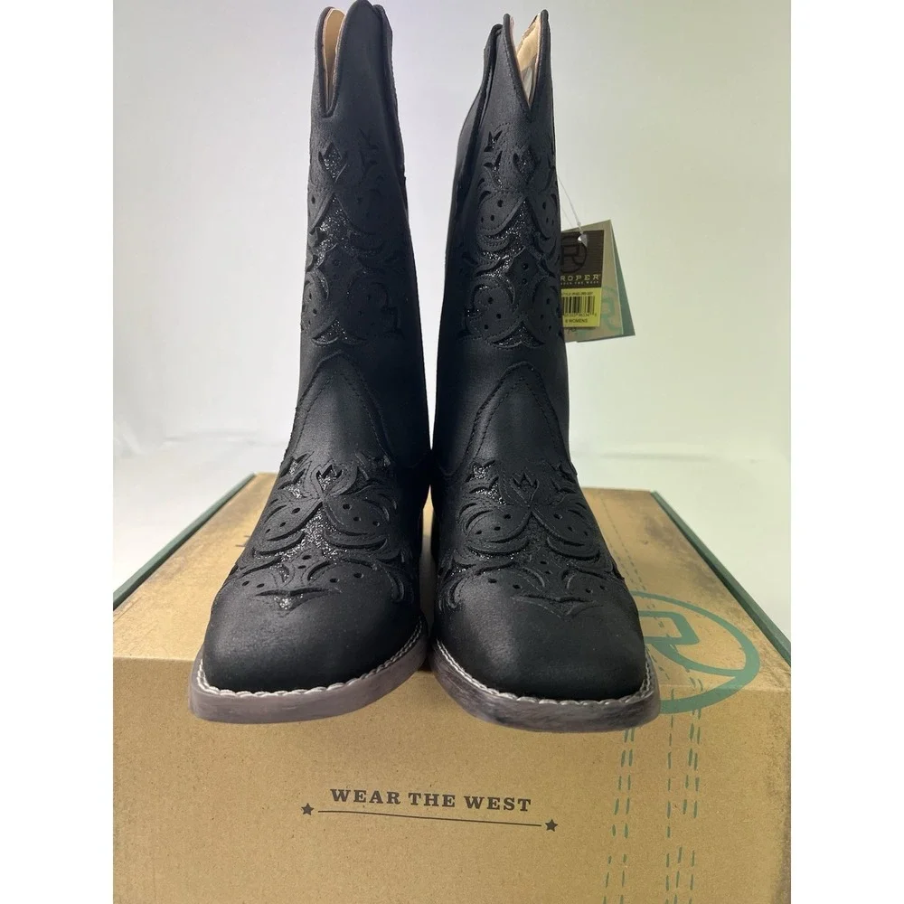ROPER WOMEN'S KENNEDY BLACK WITH GLITTER INLAY WIDE SQUARE TOE COWBOY BOOTS Sz 8